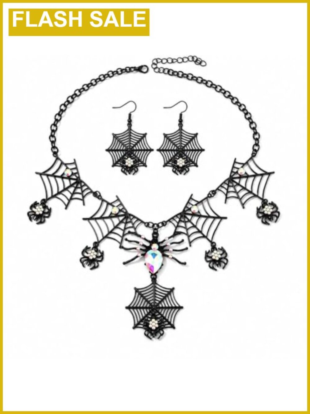 Gothic Spider Web Necklace Earrings Set Rhinestone Halloween Costume Jewelry